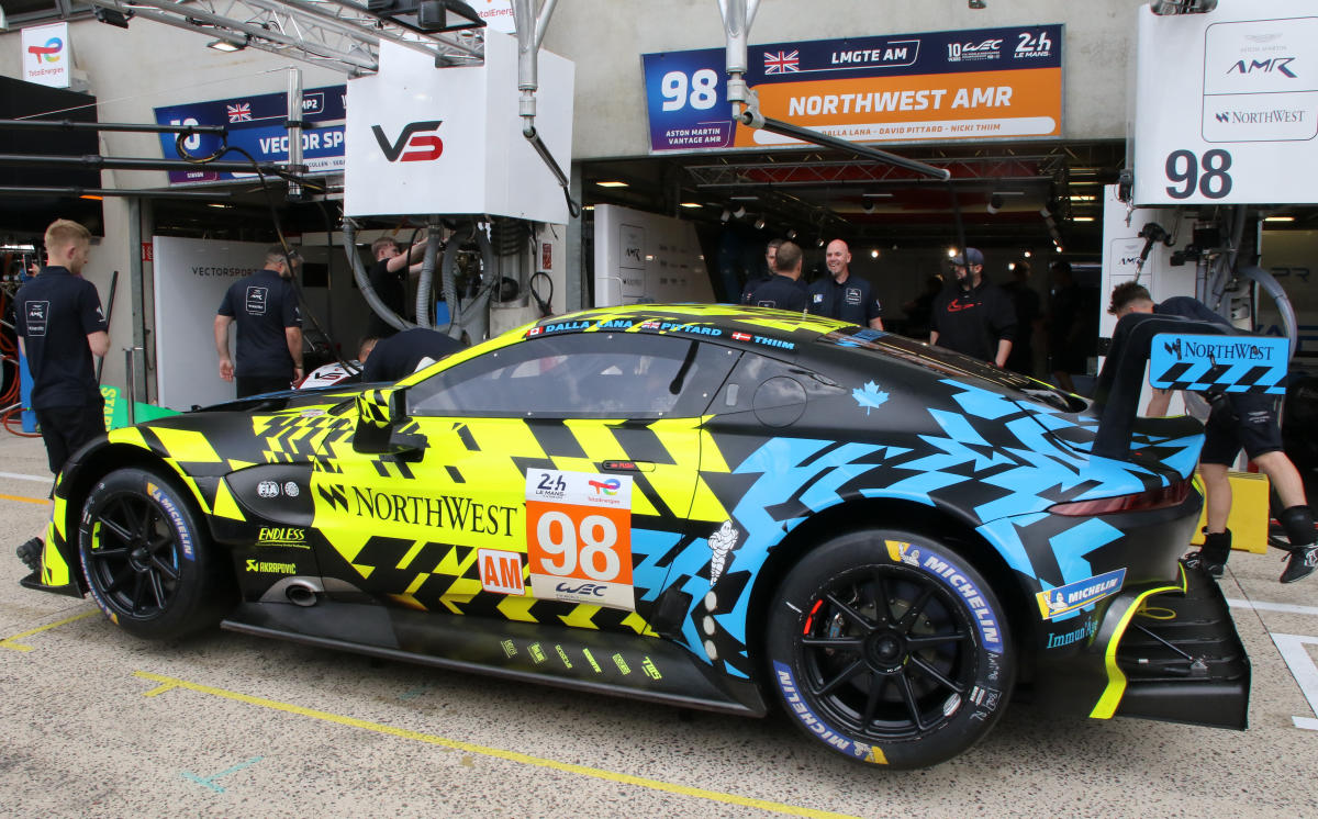 Aston Martin Vantage AMR - Paul Dalla Lana, David Pittard & Nicki Thiim in front of its pit garage at the 2022 Le Mans (54279413506).jpg