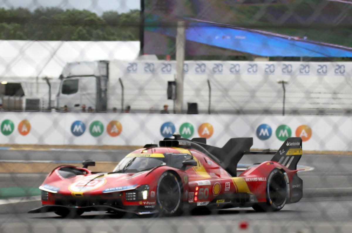 Ferrari 499P-Hybrid - Antonio Fuocco, Miguel Molina & Nicklas Nielsen enters Ford Chicane at the 2023 Le Mans (53427993852).jpg