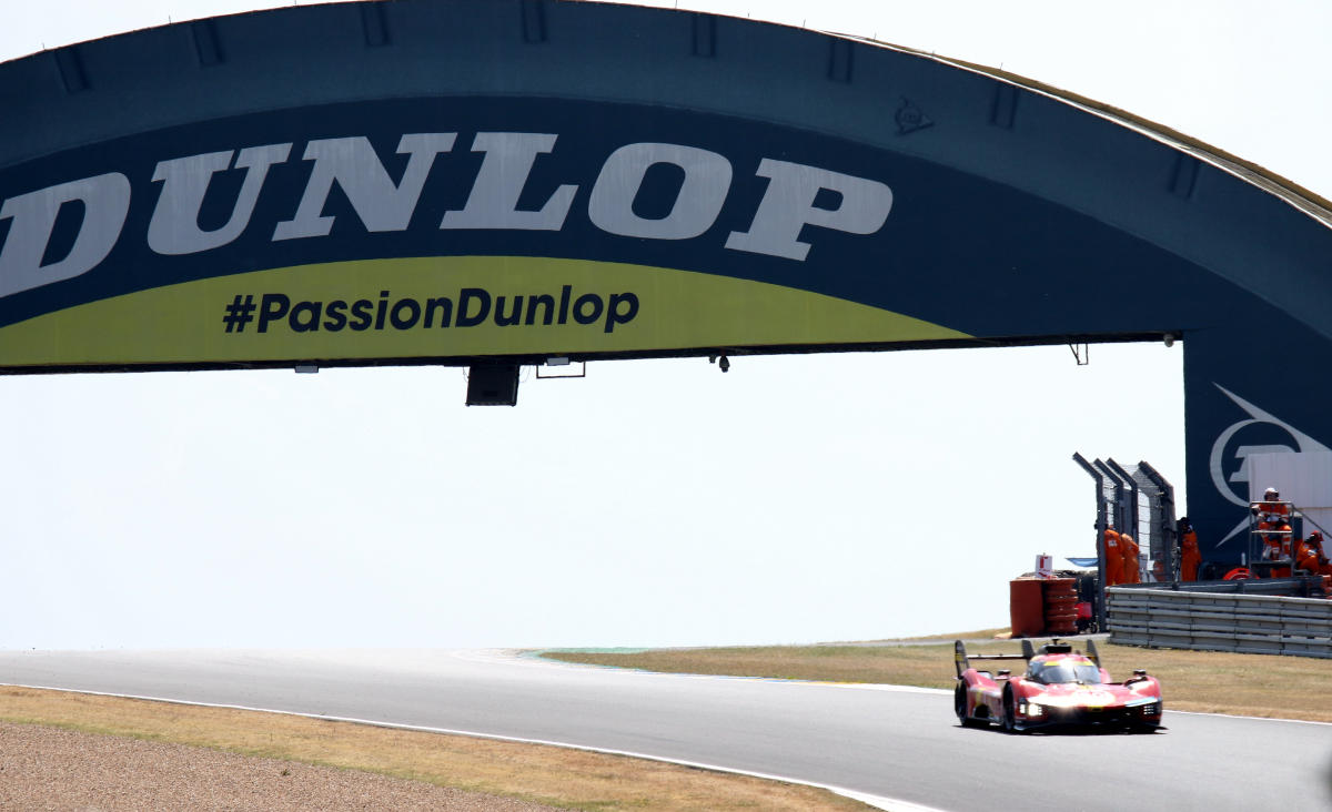 Ferrari 499P Hybrid - Antonio Fuoco, Miguel Molina & nicklas Nielsen under the Dunlop Bridge at the 2023 Le Mans (53380365594).jpg