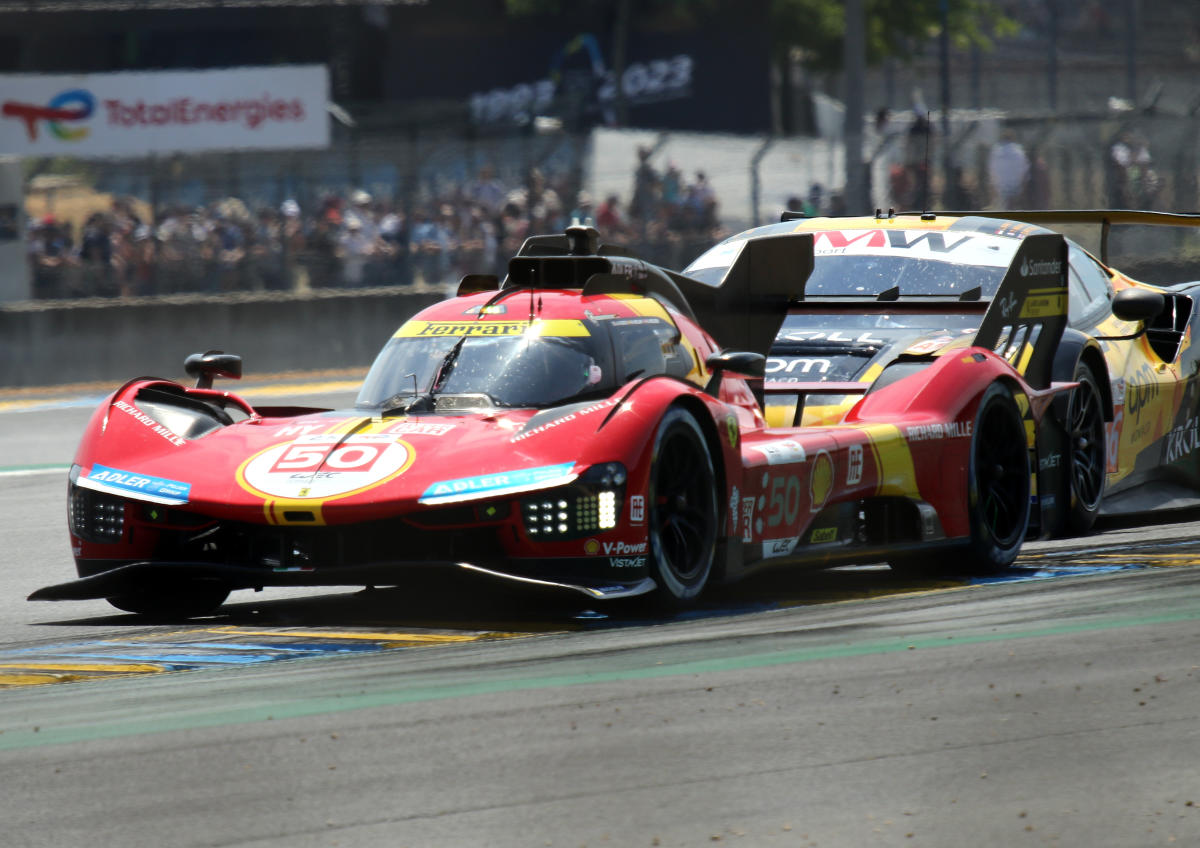 Ferrari 499P Hybrid - Antonio Fuoco, Miguel Molina & Nicklas Nielsen exits Dunlop Chicane at the 2023 Le Mans (53367113770).jpg