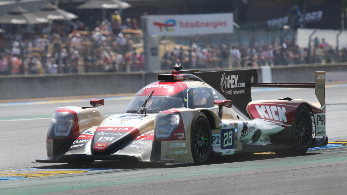 Oreca 07 - David Heinemeier-Hanson, Oliver Rasmussen & Pietro Fittipaldi exits Dunlop Chicane at the 2023 Le Mans (53366865828).jpg